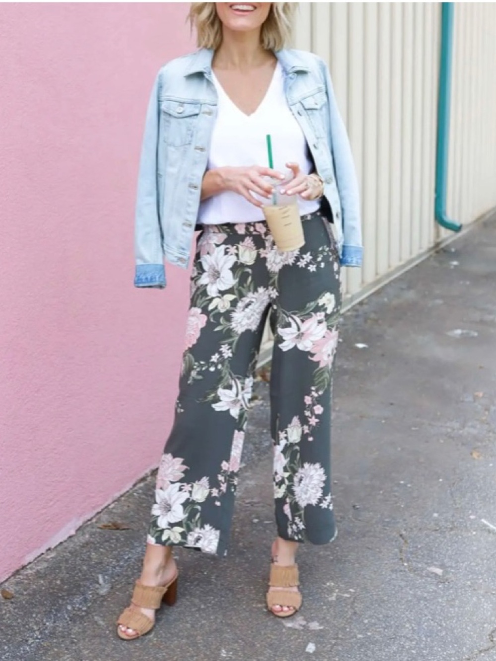 Loft Wide-Leg Cropped Pants Olive green with White & Pink Floral Medium